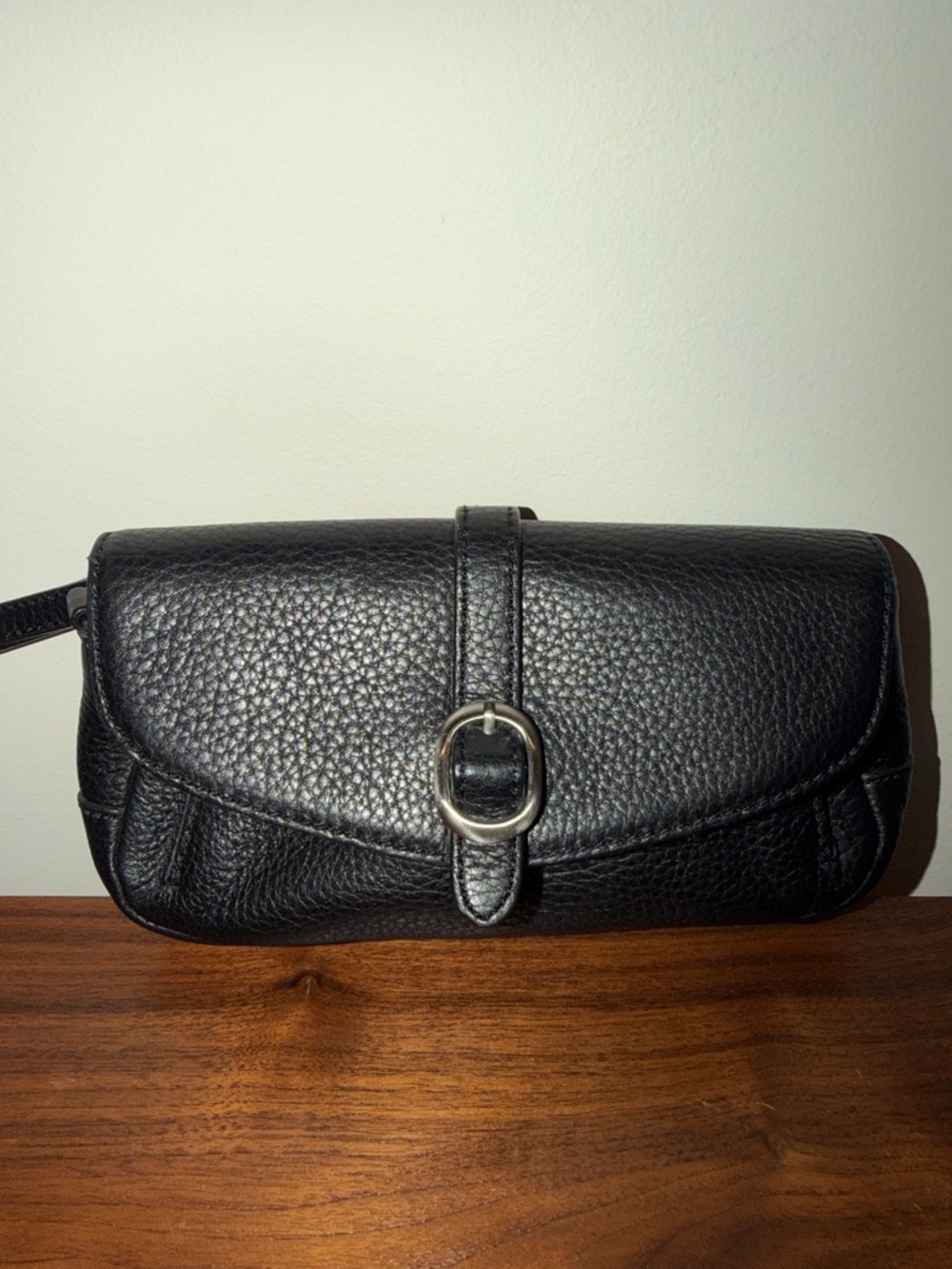 Talbots Black Pebbled Leather Wristlet with Snap Closure and Removable Strap